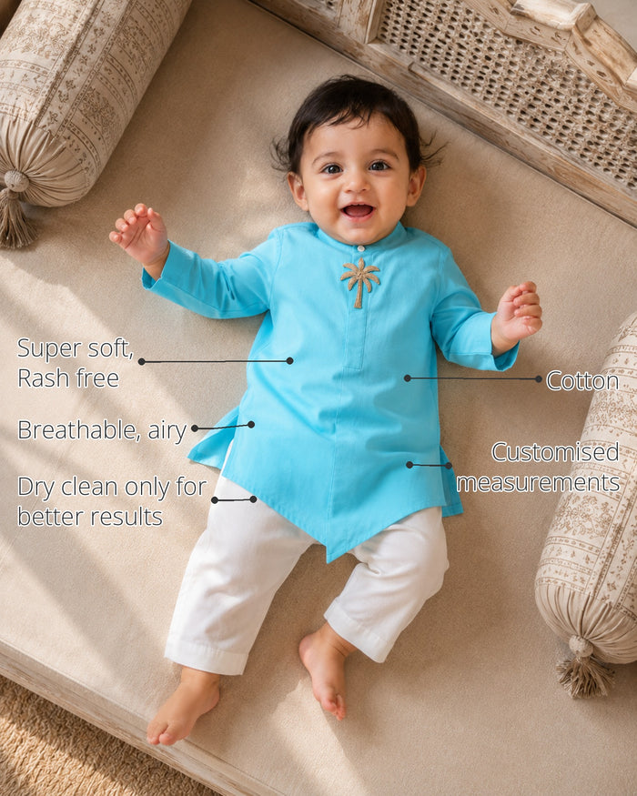 Turquoise Palm-Motif Asymmetrical Baby Kurta Set features
