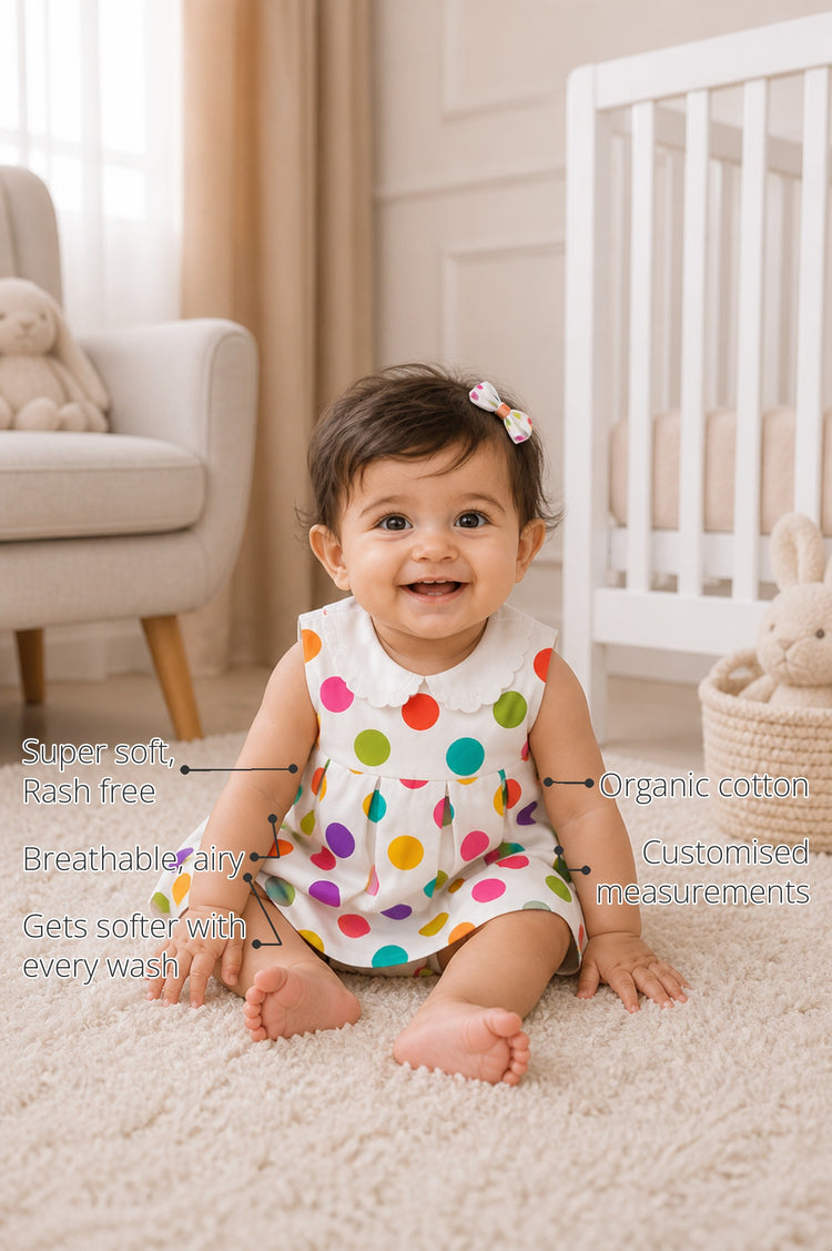 Rainbow Dot Pinafore Baby Dress features