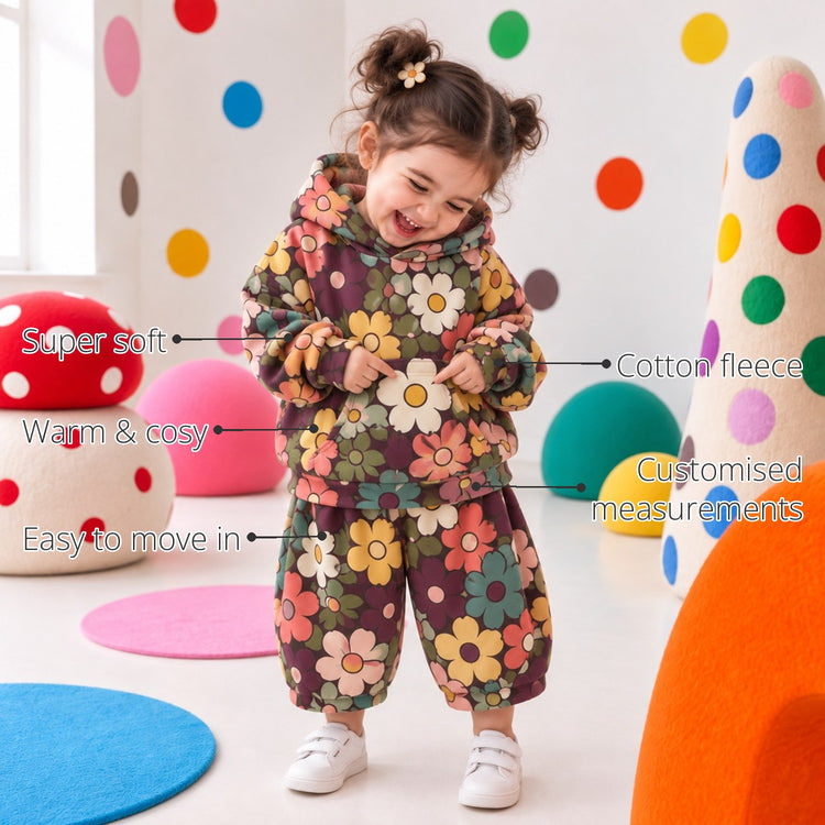Brown Flowers Hooded Girls' Barrel Pant Set features
