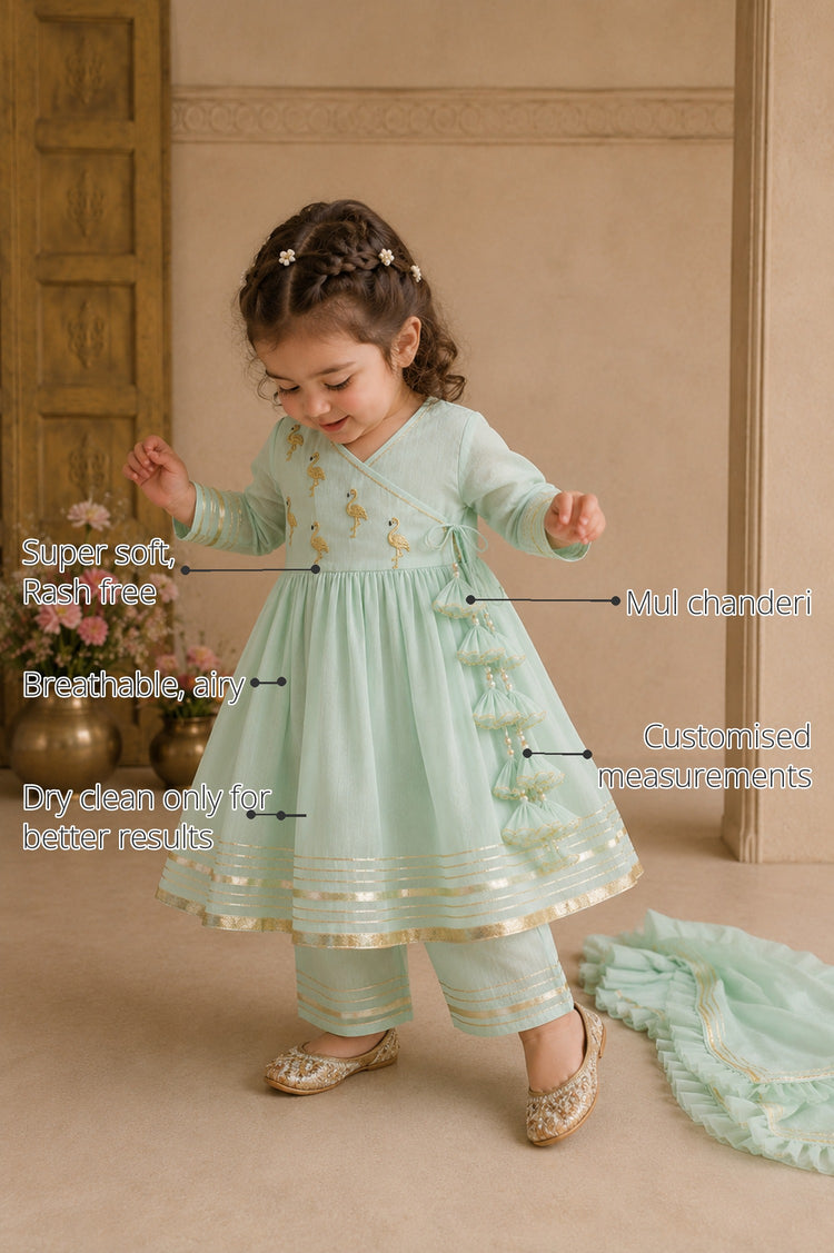 Mint Green Flamingo Girls' Angrakha Set features