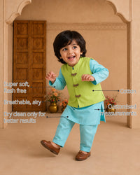 Sky Blue Dragonfly-Motif Boys' Waistcoat Set (Lime Waistcoat) features
