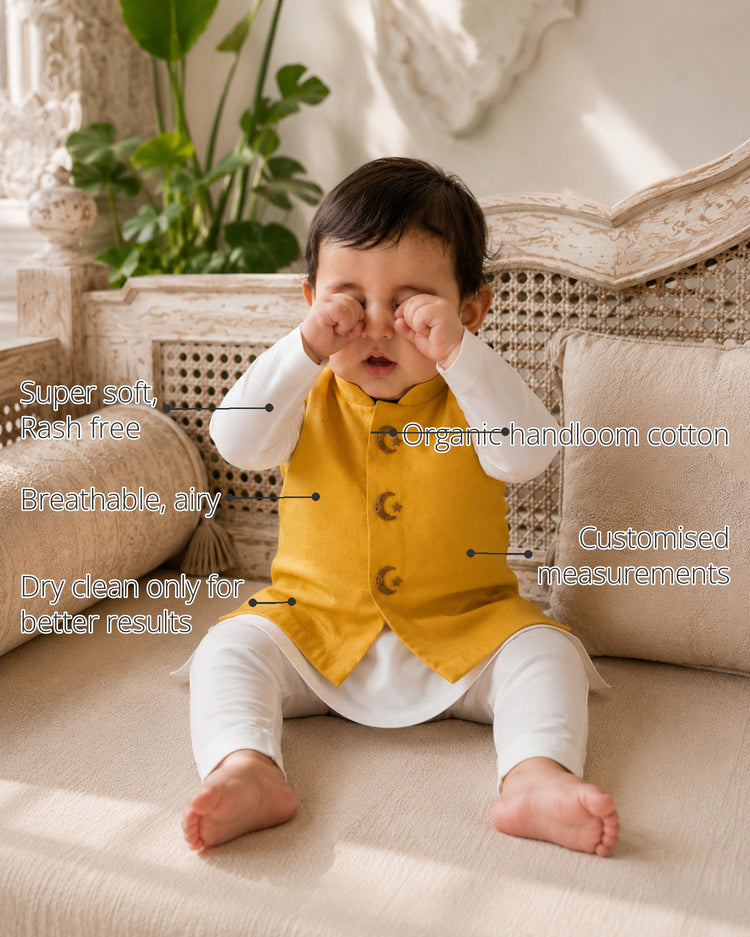 Beige Moon-Star Motif Baby Waistcoat Kurta Set (Yellow Waistcoat) features