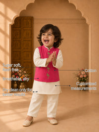 Beige Flamingo-Motif Boys' Waistcoat Set (Pink Waistcoat) features