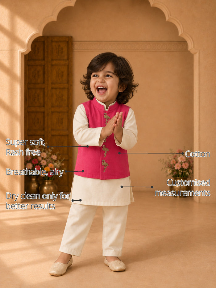 Beige Flamingo-Motif Boys' Waistcoat Set (Pink Waistcoat) features