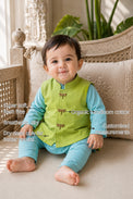 Sky Blue Dragonfly Motif Baby Waistcoat Kurta Set features