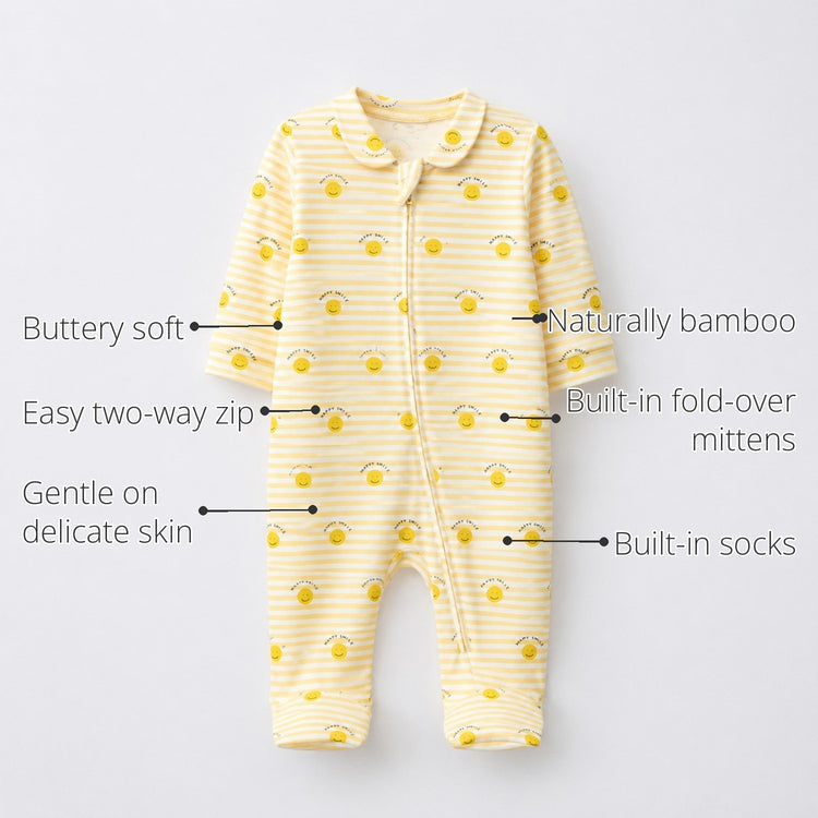 Happy Sunshine Bamboo Baby Sleepsuit – Zip Romper Onesie features