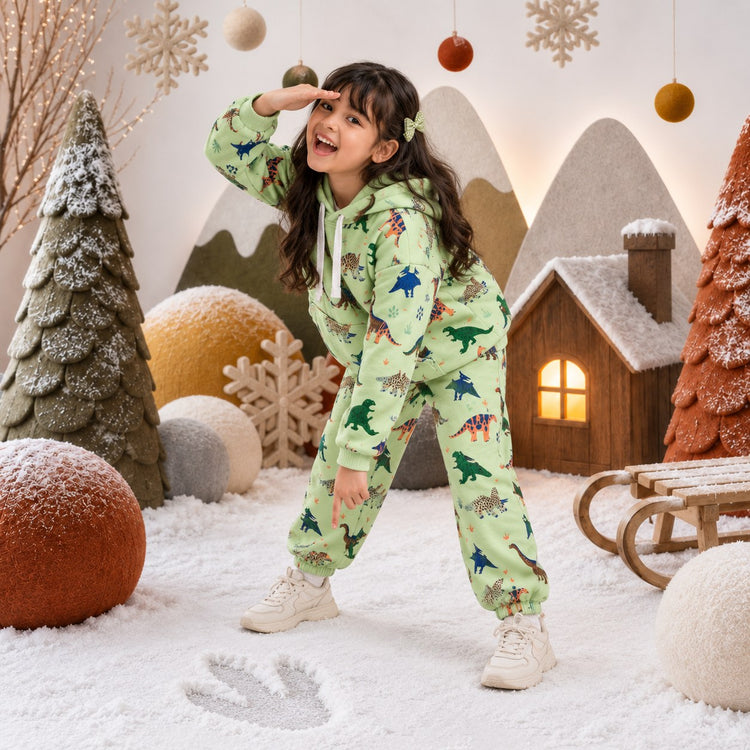 Green Dinosaur Hooded Jogger Set on girl by Anaario – winter kidswear