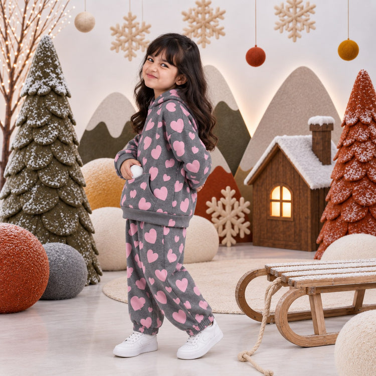 Pink & Grey Hearts Hooded Jogger Set on girl by Anaario – winter kidswear