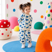 Blue Dinosaur Jogger Set on girl by Anaario – winter kidswear