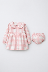 Pink Check Collar Dress Set