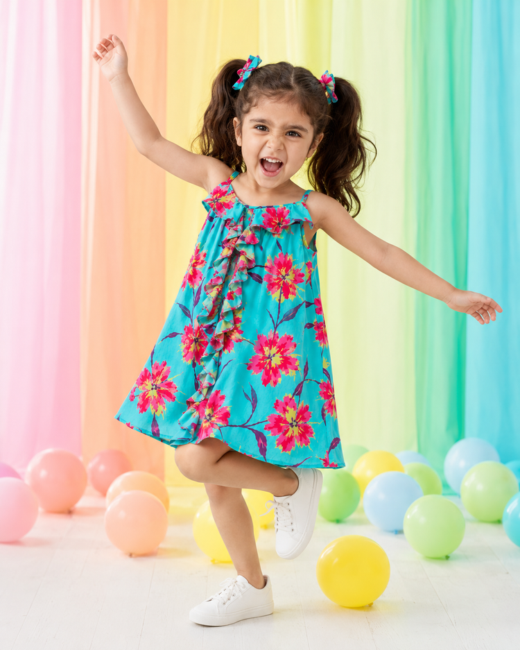 Turquoise Ruffle Floral Dress