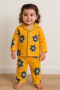 Yellow Blue Flower Pajama Set - Night Wear