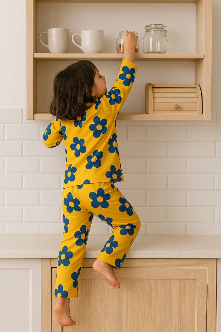 Yellow Blue Flower Pajama Set - Night Wear