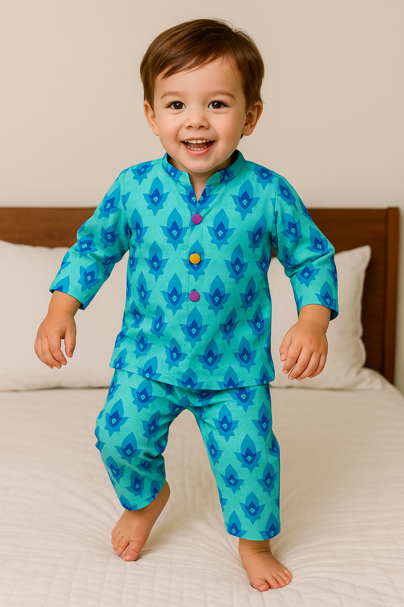 Aqua Blue Geometric Cotton Co-ord Set