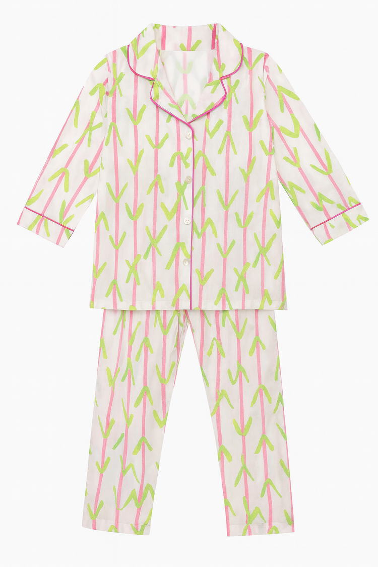 Pink and Green Leaves Pajama Set - Night Wear