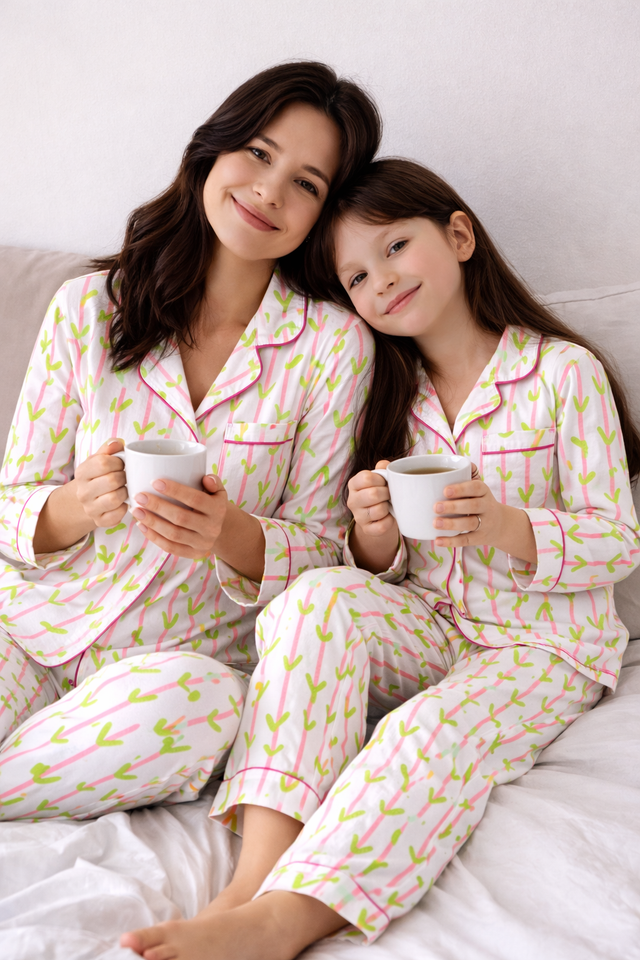 Pink and Green Leaves Pajama Set - Night Wear