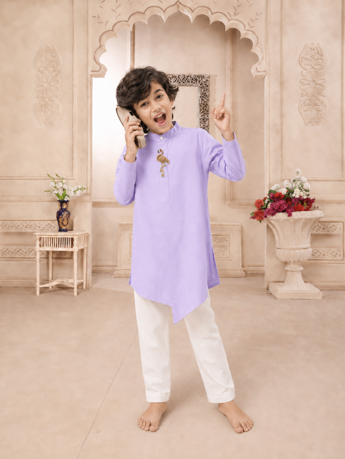 Lilac Flamingo-Motif Asymmetrical Kurta - boy on phone