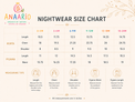 Anaario baby nightwear size chart in inches showing top and pyjama measurements from newborn to 24 months