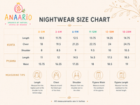 Anaario baby nightwear size chart in inches showing top and pyjama measurements from newborn to 24 months