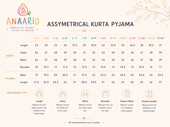 Anaario lehenga set size chart in inches showing choli and lehenga measurements by age