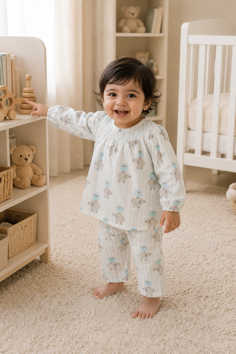 Blue Sheep Smocked Baby Co-ord Set