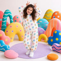 Multi Pastel Dinosaur Barrel Pant Set on girl by Anaario – winter kidswear