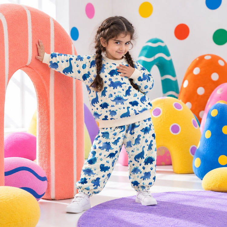 Blue Dinosaur Jogger Set on girl by Anaario – winter kidswear