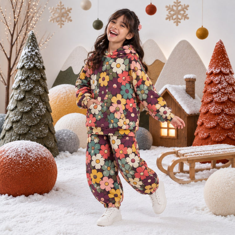 Brown Flowers Hooded Barrel Pant Set on girl by Anaario – winter kidswear