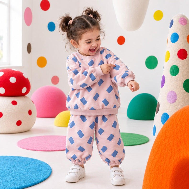 Pink-Blue Rectangle Jogger Set on girl by Anaario – winter kidswear