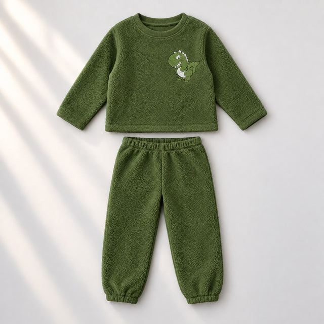 Olive Green Dino Fleece Set top and bottom by Anaario