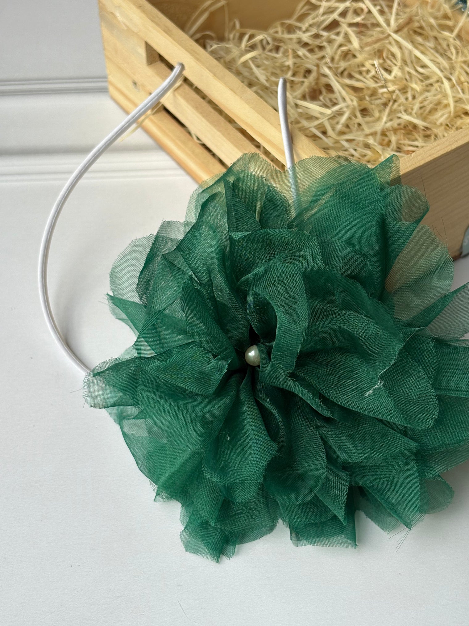 Emerald Flower Organza Bow Hairband