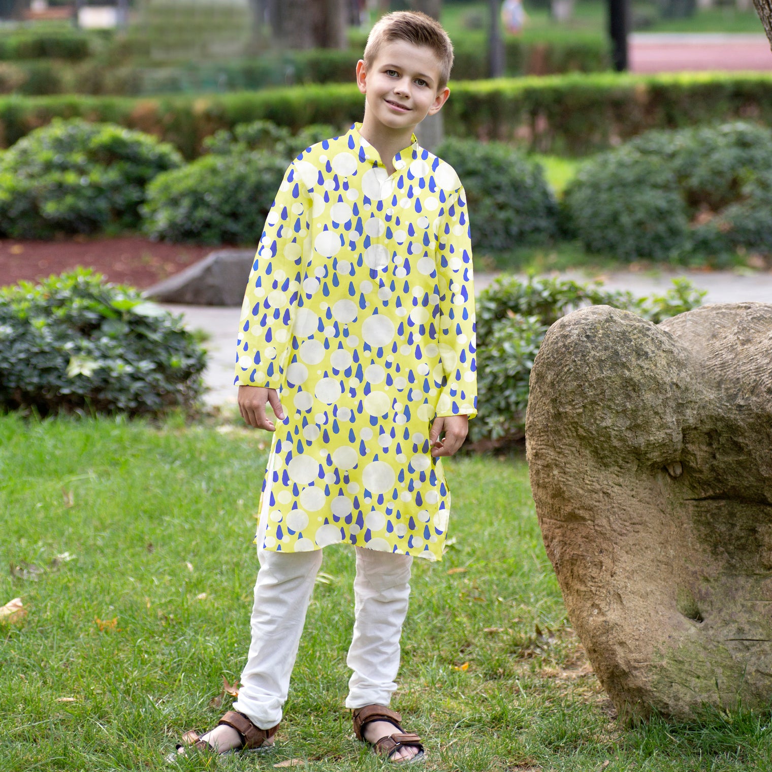 Imperial Kurta and Pajama Set - White Polka Dots and Blue Raindrops