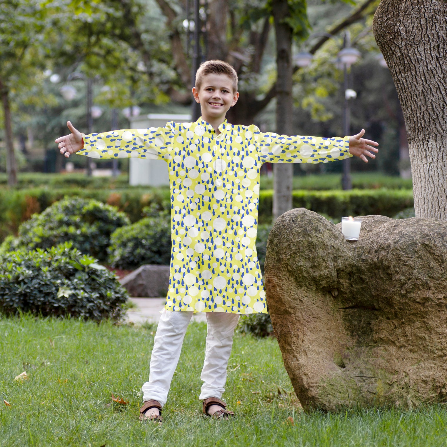 Imperial Kurta and Pajama Set - White Polka Dots and Blue Raindrops