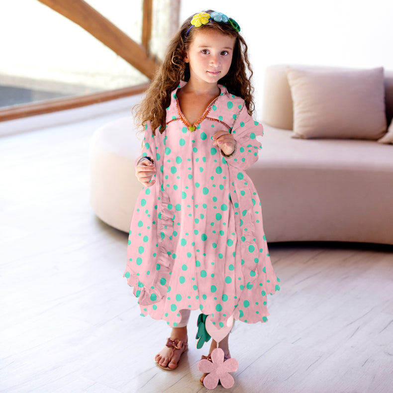 Raat Ki Raani Anarkali with Dupatta - Pink with Green Polka Dots