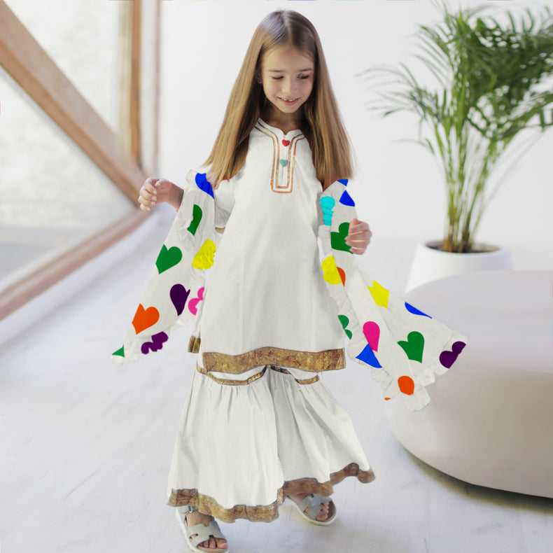 Marigold Sharara Set with Multicoloured Hearts Printed Dupatta