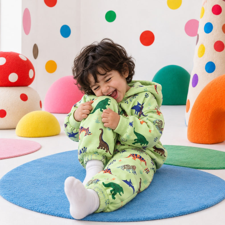 Green Dinosaur Hooded Jogger Set on boy by Anaario – winter kidswear