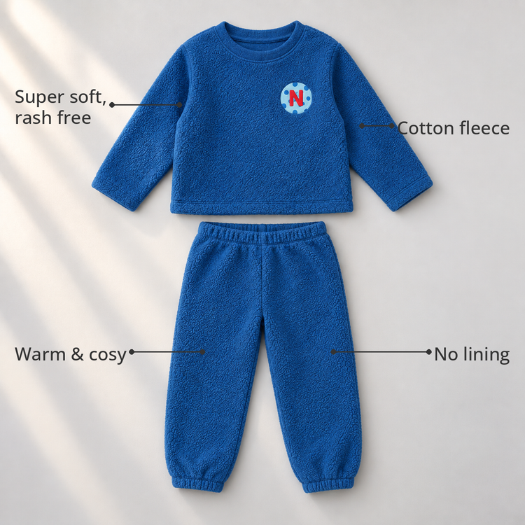 Cobalt Blue Varsity Fleece Set feature highlights by Anaario – super soft, warm cotton fleece, no lining