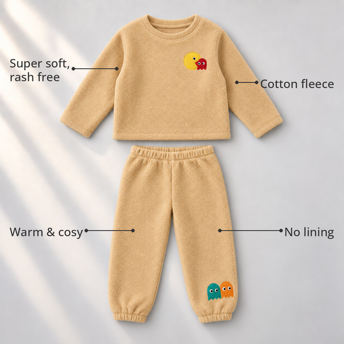 Beige Pac-Man Fleece Set feature highlights by Anaario – super soft, warm cotton fleece, no lining