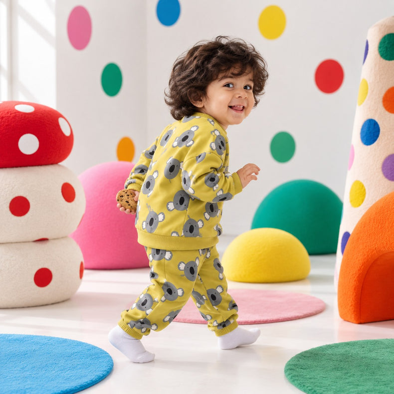 Mustard Koala Jogger Set on boy by Anaario – winter kidswear