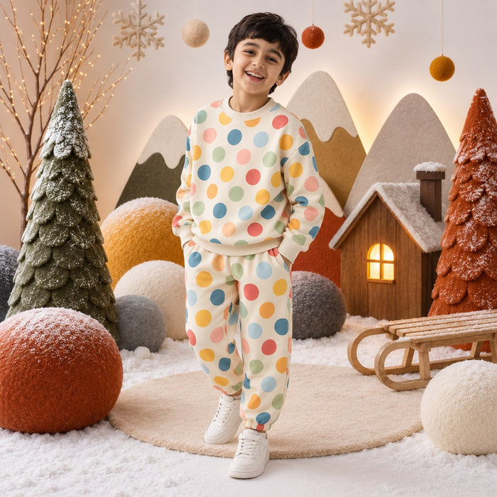 Multi Polka Barrel Pant Set on boy by Anaario – winter kidswear