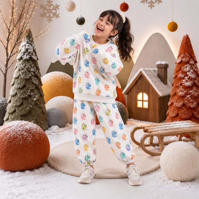 Multi Pastel Dinosaur Barrel Pant Set on girl by Anaario – winter kidswear