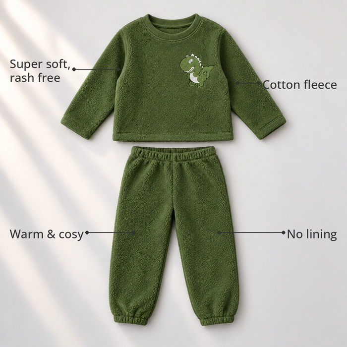Olive Green Dino Fleece Set feature highlights by Anaario – super soft, warm cotton fleece, no lining