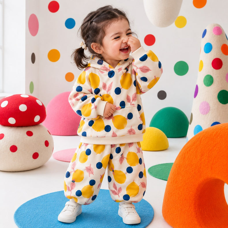 Mustard Lemons Hooded Barrel Pant Set on girl by Anaario – winter kidswear
