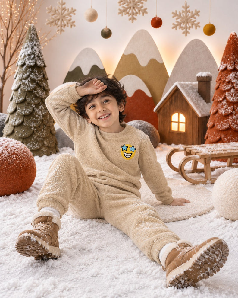 Beige Smiley Fleece Set for kids by Anaario – winter fleecewear