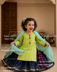 Girl wearing Anaario Lime Green Navy Lehenga Set