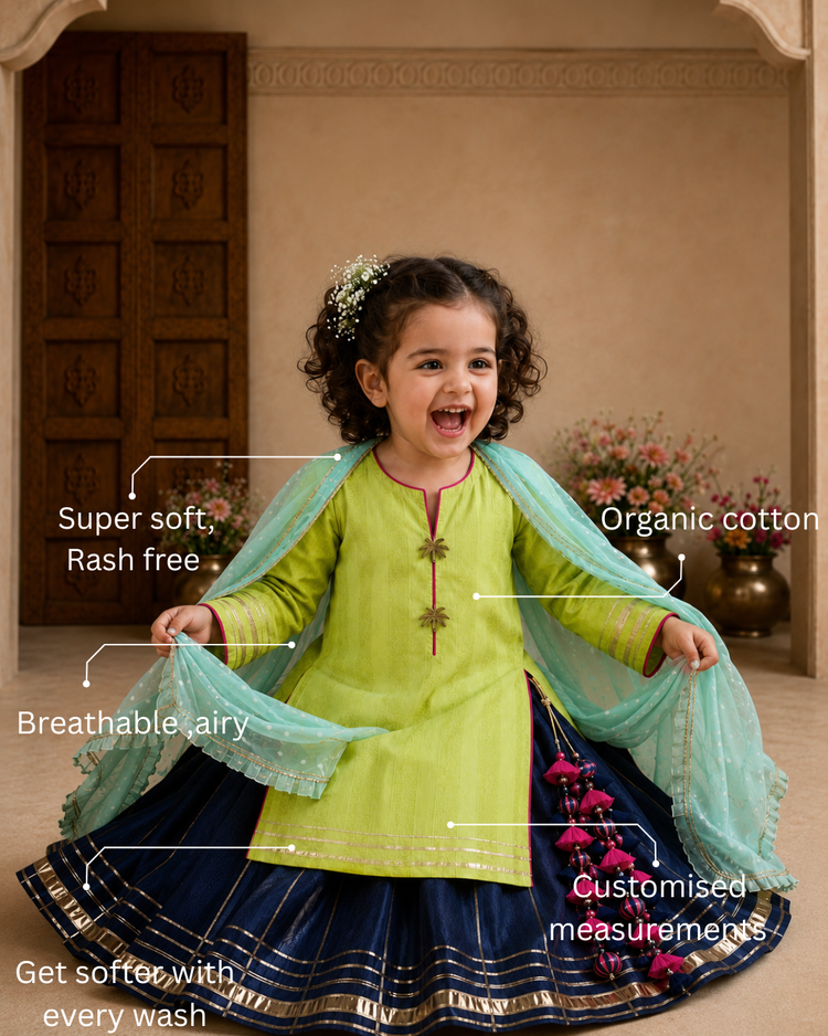 Girl wearing Anaario Lime Green Navy Lehenga Set