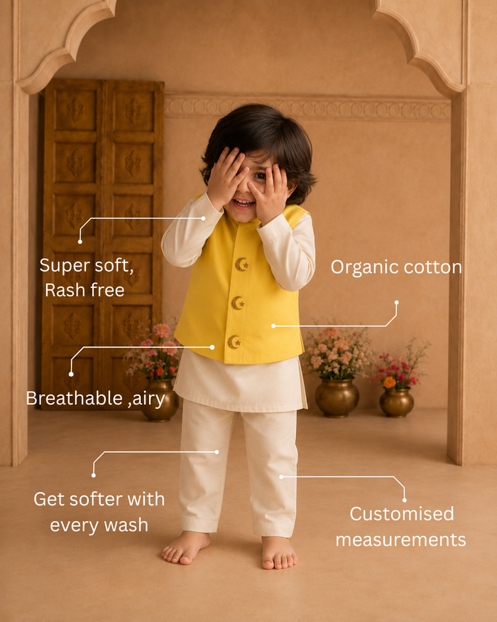 Cream Moon-Star Waistcoat Set (Yellow Waistcoat)