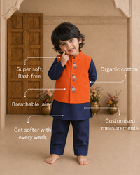Navy Bird-Motif Waistcoat Set (Orange Waistcoat)