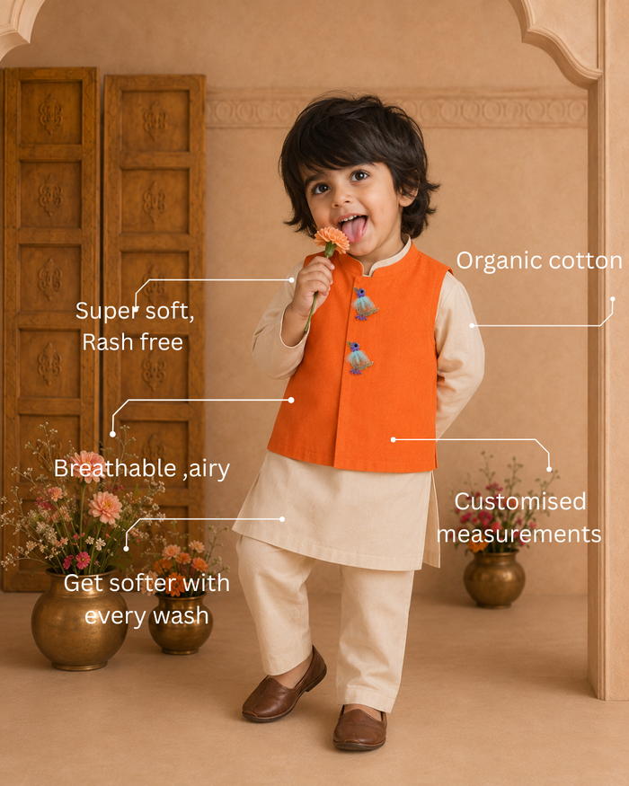 Cream Bird-Motif Waistcoat Set (Orange Waistcoat)