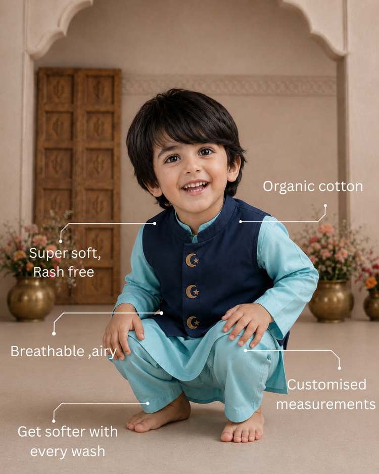 Sky Blue Moon-Star Waistcoat Set (Navy Waistcoat)